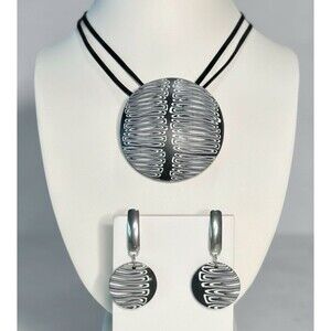 Handmade Black & White Pattern Large Polymer Clay Pendant Necklace & Earring Set